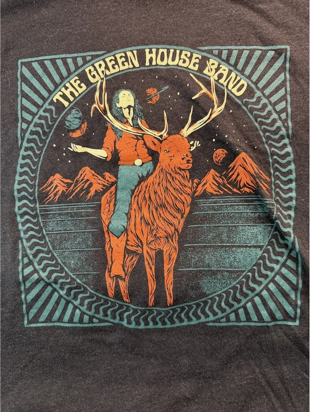 The Green House Band Graphic Tee Elk Rider Psychedelic Art T Shirt Unisex Large